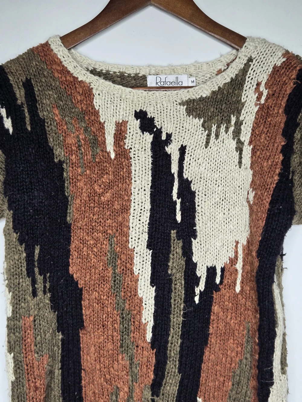 Rafaella Vintage Abstract Knit Short Sleeve Sweater Earthy Multicolor Size M